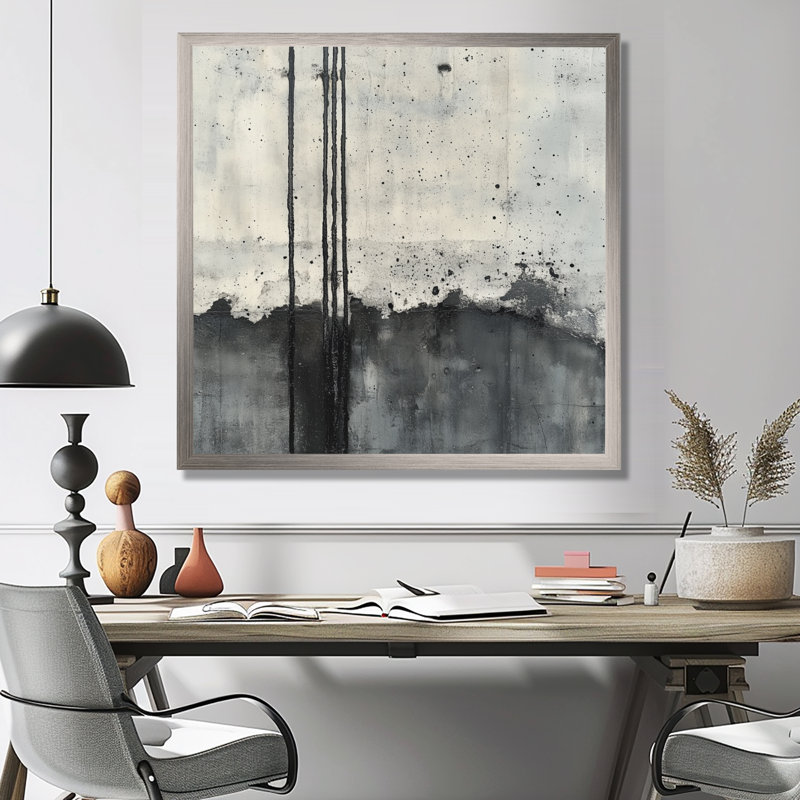 Tableau abstrait encadré en béton noir avec lignes de fer II, H 30 po x l 30 po, Cadre photo argenté
