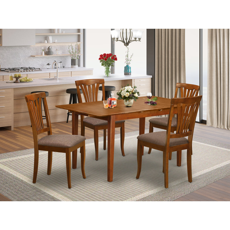 5 Piece Kitchen Table Set for 4 Includes a Rectangle Dining Room Table with Butterfly Leaf and 4 Linen Fabric Upholstered Chairs, 32x60 Inch, Saddle Brown