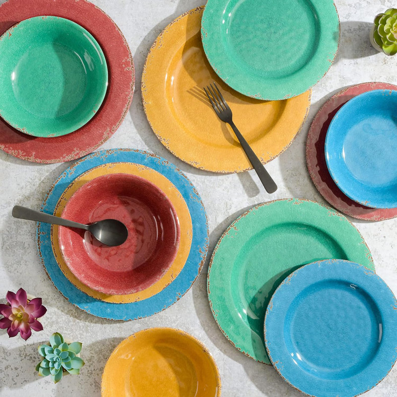 Ensemble 12 pièces de vaisselle en mélamine - couleurs assorties, motif décalque craquelé, durable et léger pour les repas à l'intérieur et à l'extérieur 