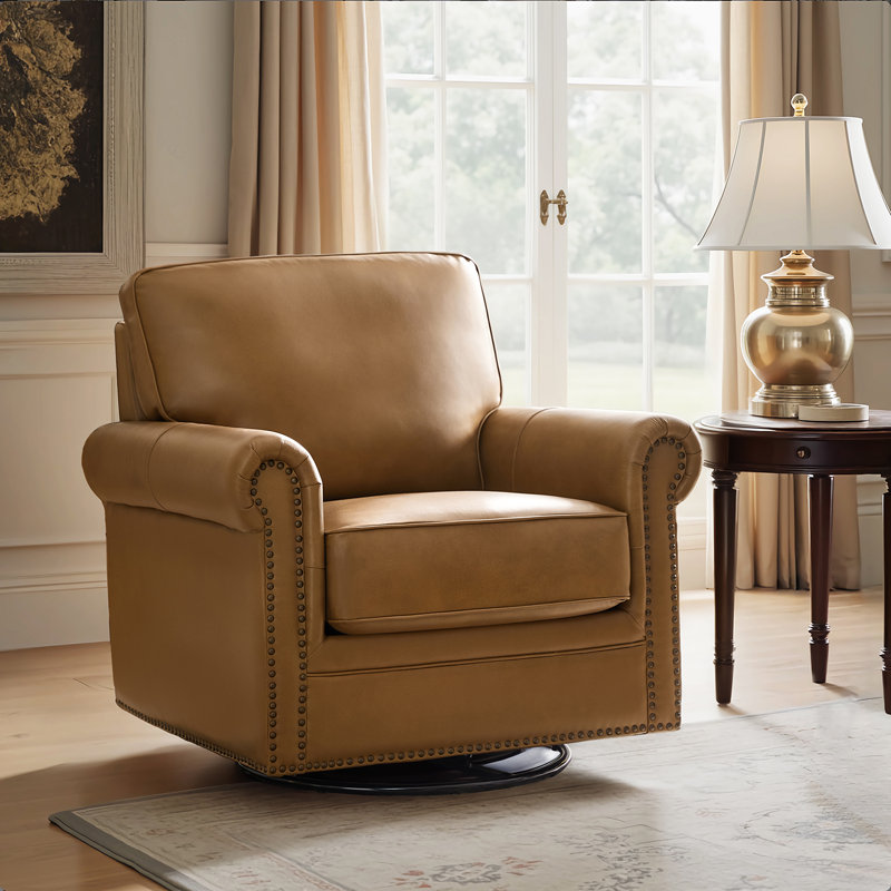 Chaise berçante pivotante en cuir véritable Auer, Chameau