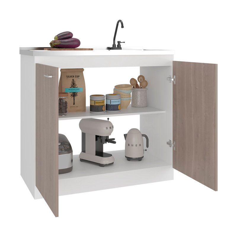 Armoire de rangement blanche et gris clair avec 2 portes et 3 tablettes, Blanc / Gris