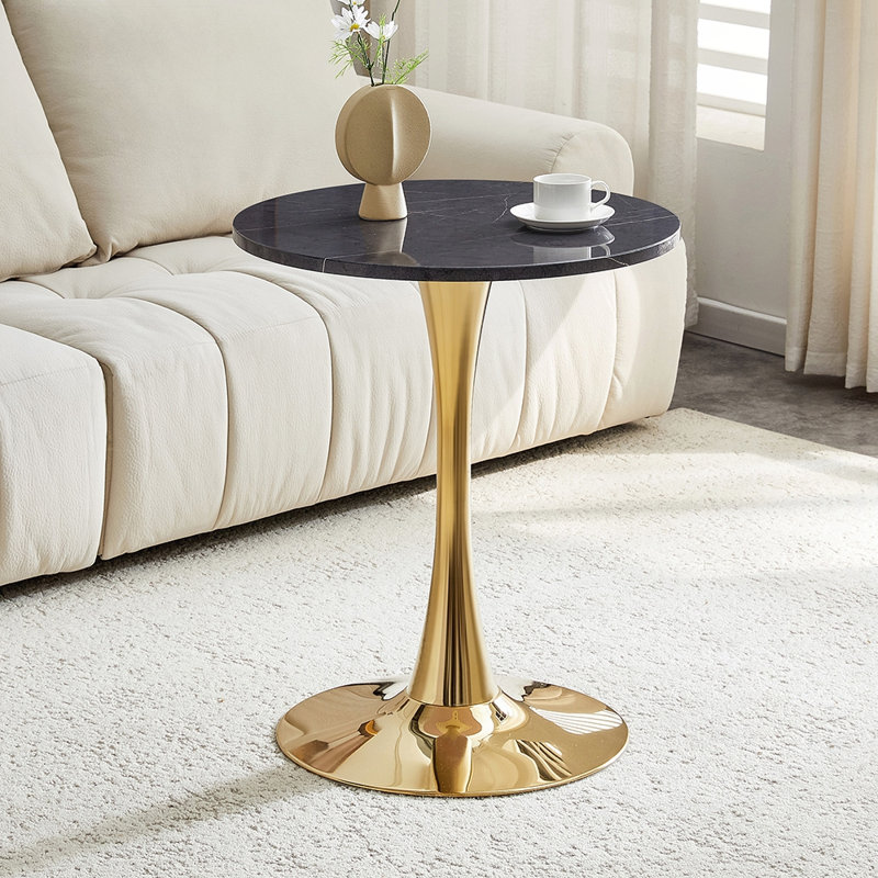 Table de salle à manger ronde à piédestal compacte avec plateau en bois d'ingénierie lisse et charme Mid-Century pour petits appartements
