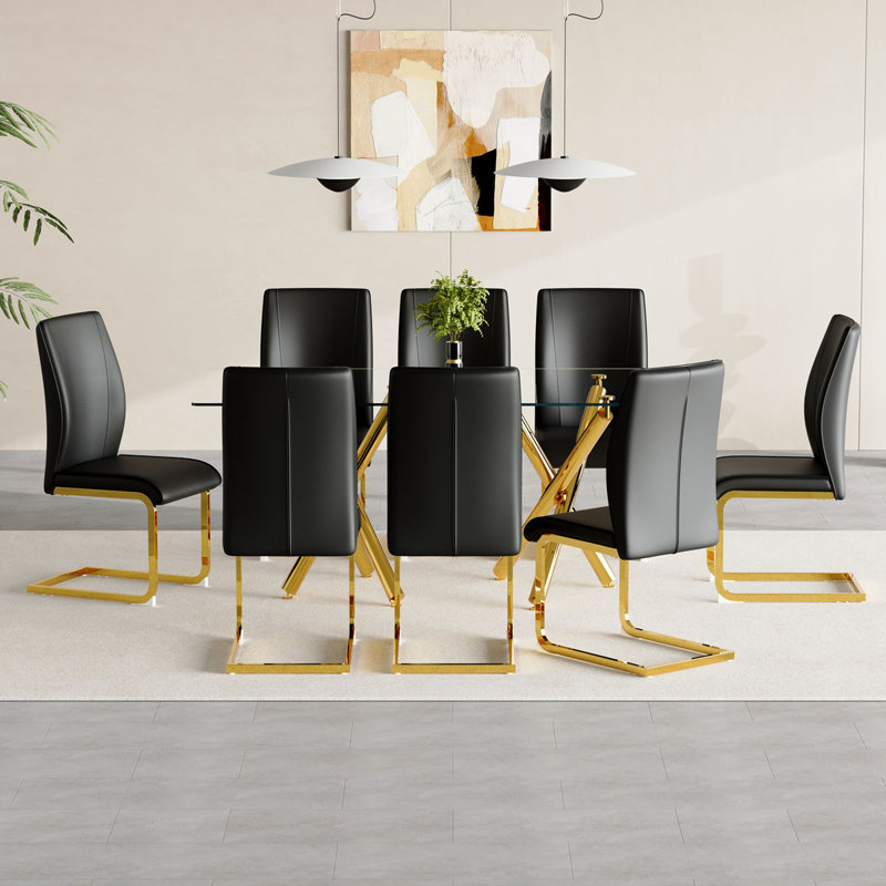 Ensemble de table de salle à manger 71 ", ensemble de table de salle à manger avec plateau en verre trempé et base en métal doré et chaises en similicuir