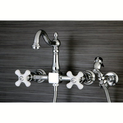 Kingston Brass Heritage Double-Handle 3-Hole Wall-Mount Bridge Kitchen Faucet with Brass Sprayer