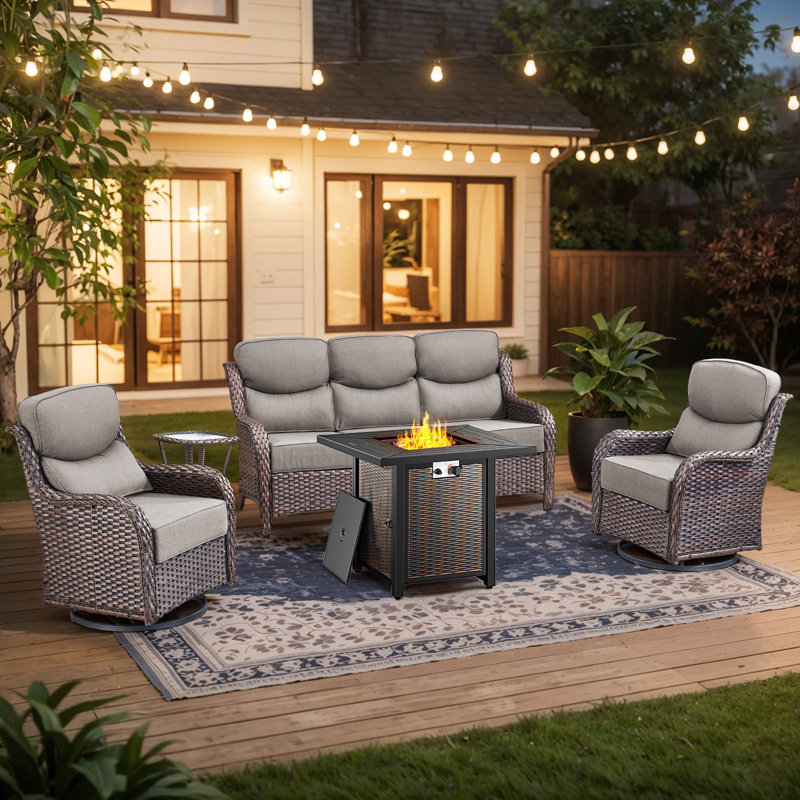 Prunier 5-Piece All-Weather Outdoor Wicker Patio Square Metal Fire Pit Table Conversation Set With Swivel Gliders And Side Table