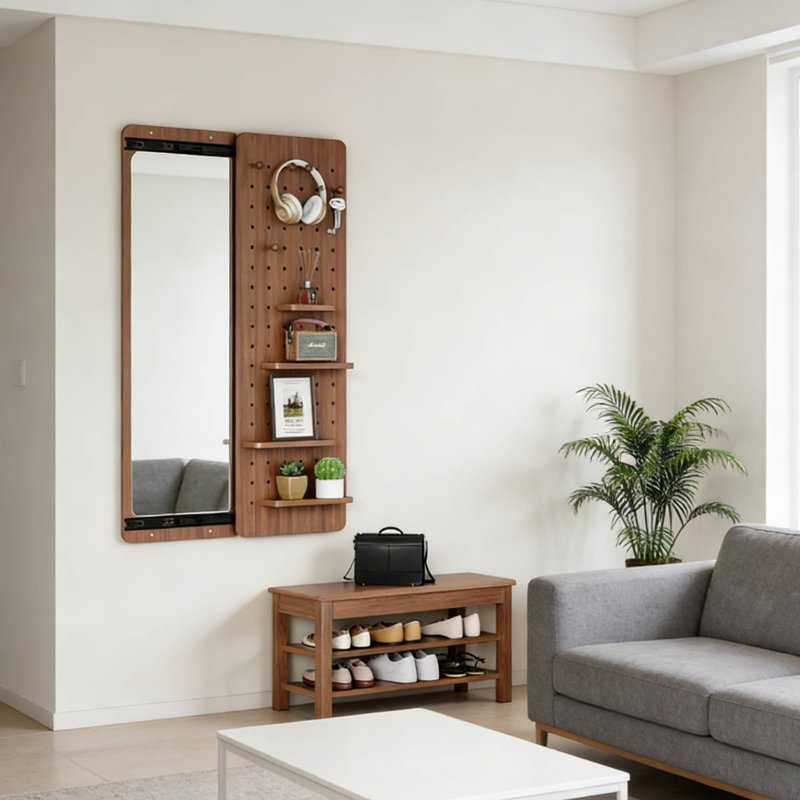 47.6*15.7In Wall Mounted Full Body Mirror Walnut, Multifunctional Panel With Shelf Hook For Living Room, Walnut