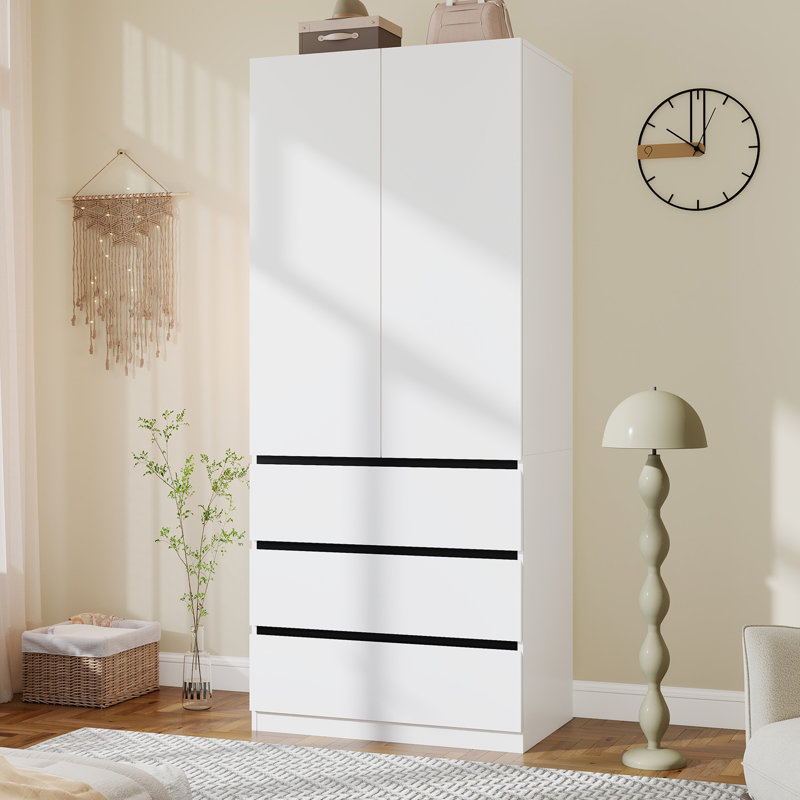 Armoire-penderie blanche avec portes à fermeture douce - tringle suspendue et armoire à 3 tiroirs en bois aggloméré pour la chambre à coucher