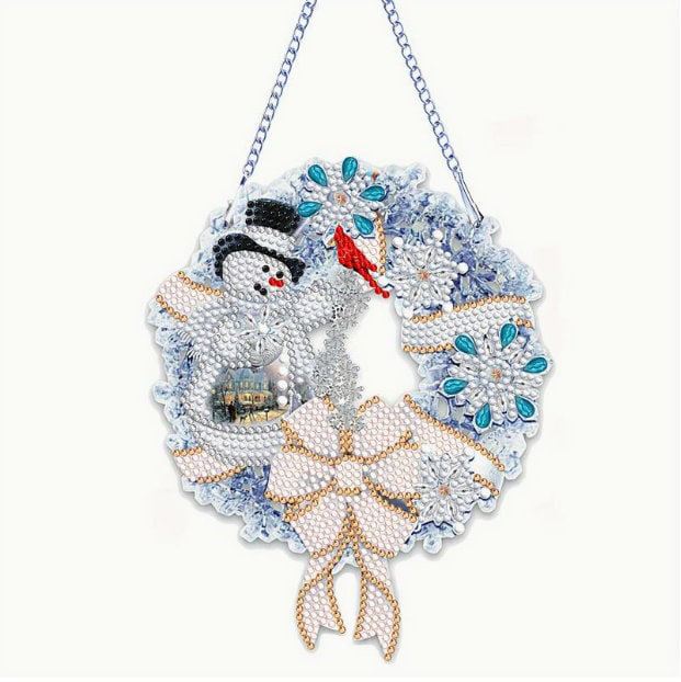 Annelieke  5D DIY White Christmas Snowman Wreath Diamond Painting Art Kit Rhinestone Acrylic Hanging Ornament Decoration