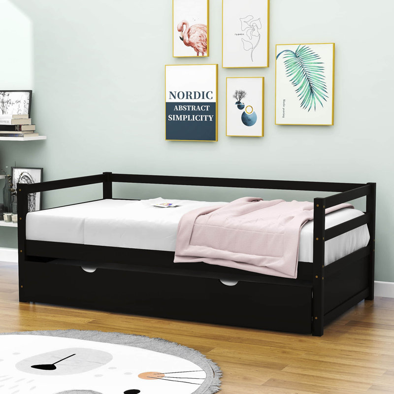 Lit de jour simple en bois avec couchette Edricka, Espresso