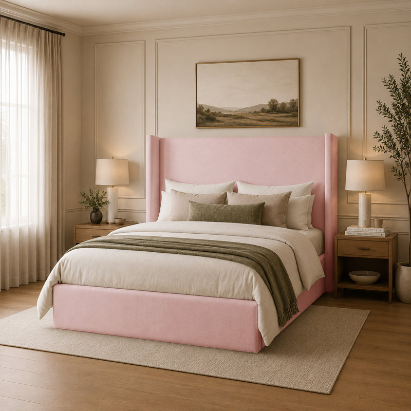 Upholstered Velvet Bed, Super King (6'), Pink