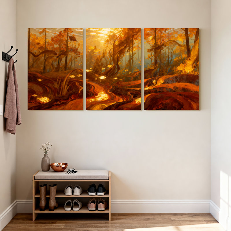 Scénario et paysages urbains, forêt d'automne, coucher de soleil, arbres, feuilles, chemin, lumière, ensemble de 3 impressions sur toile