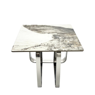 Rectangular End Table With Electroplated Brushed Metal Finish And Sintered Stone Top Scratch- Silver Frame For Living Room