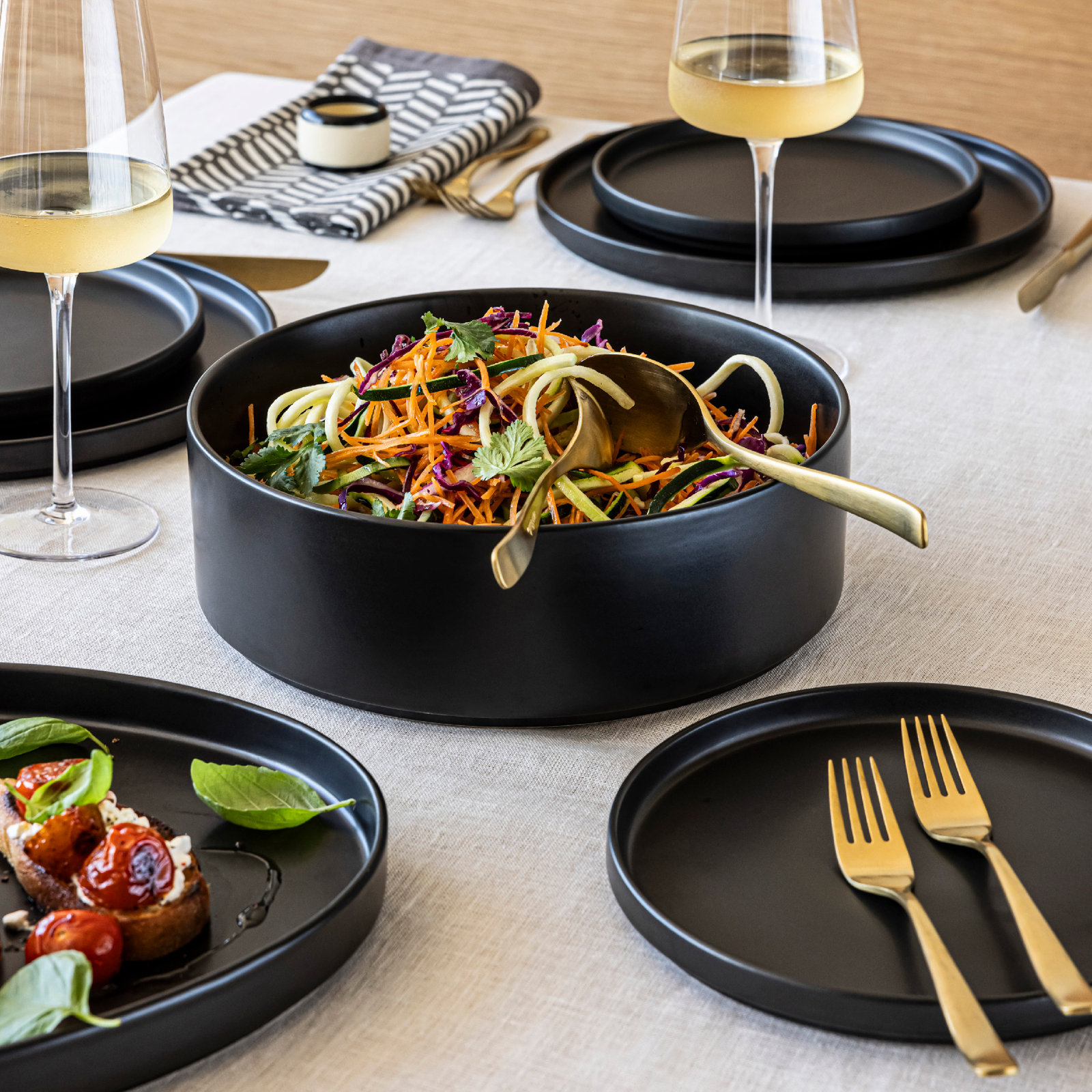 Stackable Handcrafted Stoneware Serving Bowl, Black