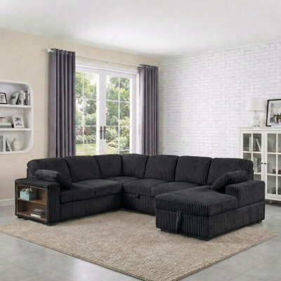 116" Corduroy Sectional Sofa Couch with Pull Out Twins Bed Sleeper Sofa and Chaise with storage by Latitude Run