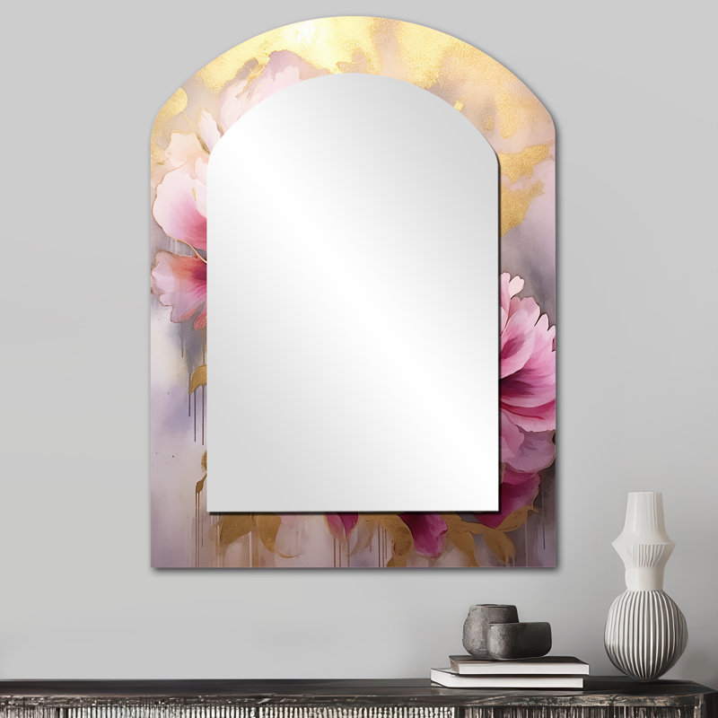 Rose et pivoines dorées dans l'éclat I - miroir mural asymétrique unique pivoines, miroir arqué traditionnel, impression sur métal