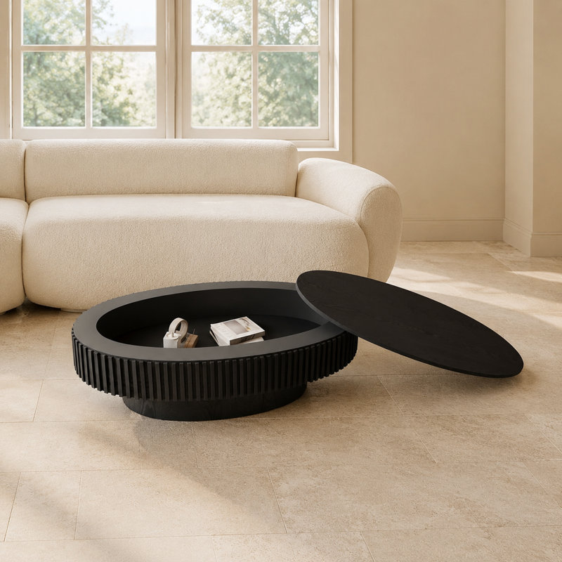 Table basse ovale avec rangement caché, table d'appoint moderne en placage de bois massif avec conception de champignon cannelé, table centrale multifonctionnelle
