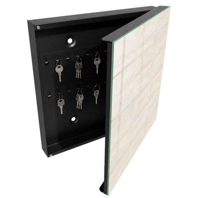 Decorative key box for wall, Opens to the left, 30x30x5, Black, Imitation natural stone cream texture, 