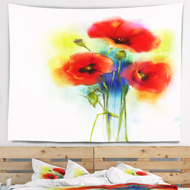 Tapisserie de fleurs de pavot rouge vif, H 78 po x l 92 po