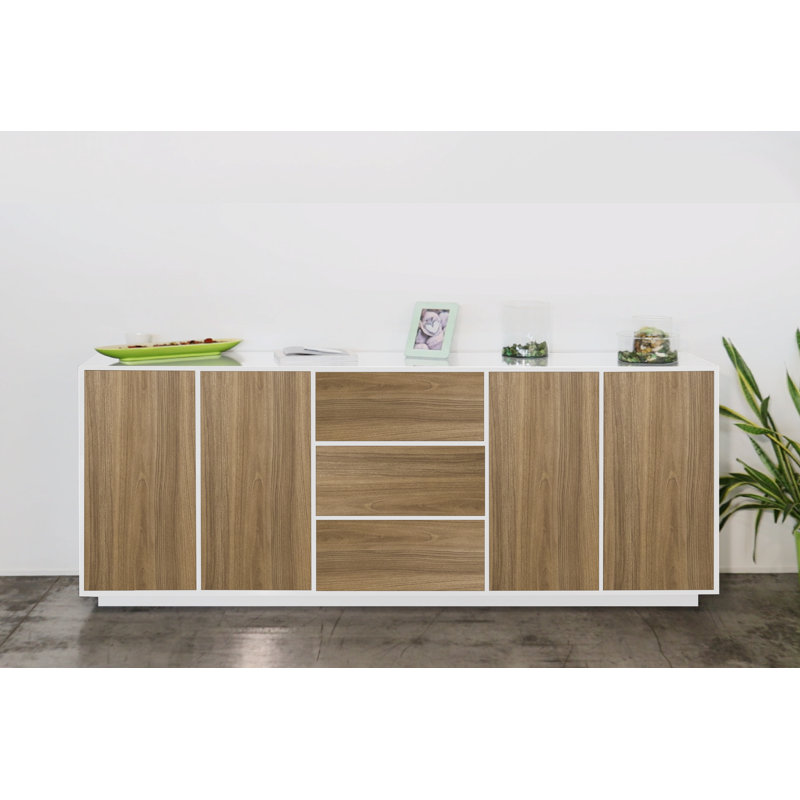 Emina 220cm Sideboard, White Glossy/Walnut