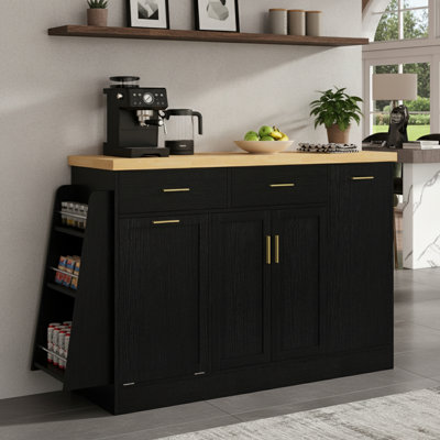 Îlot de cuisine avec rangement pour poubelle, armoire à portes coulissantes et support à épices à 3 niveaux