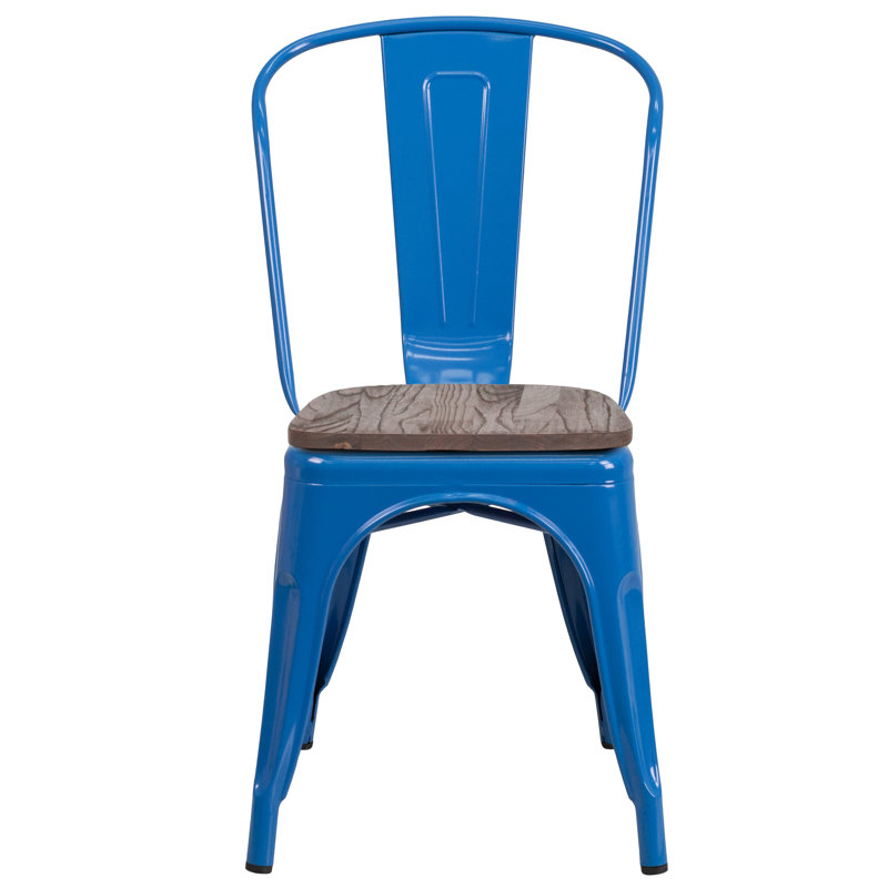 Ketchum Clear Coated Metal Stackable Chair with Wood Seat, Blue