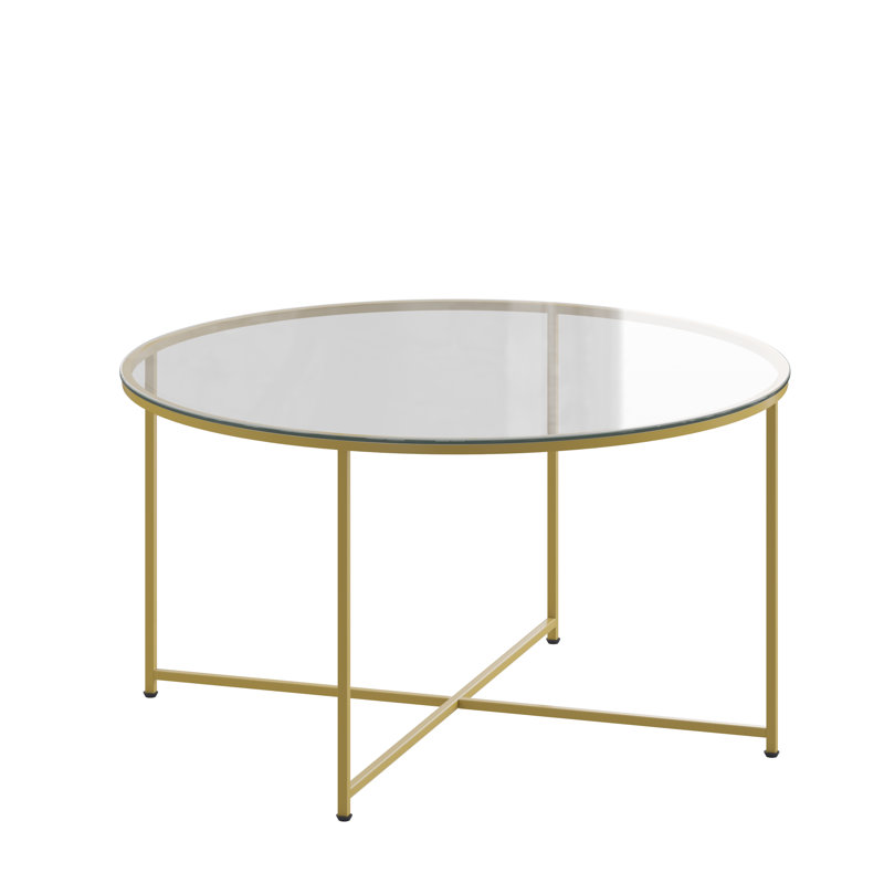 Modern Laminate Coffee Table with Crisscross Frame, Matte Gold, Clear