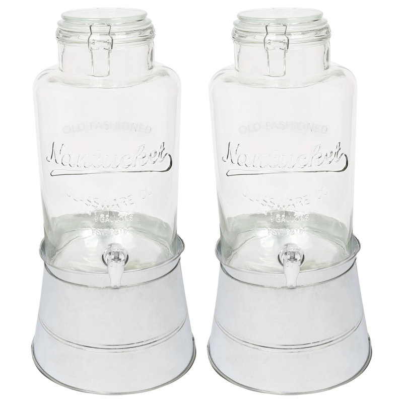 Rink Drink 2x Glass Drinks Dispensers with Tap & Bucket Stand, Silver, 8.7L