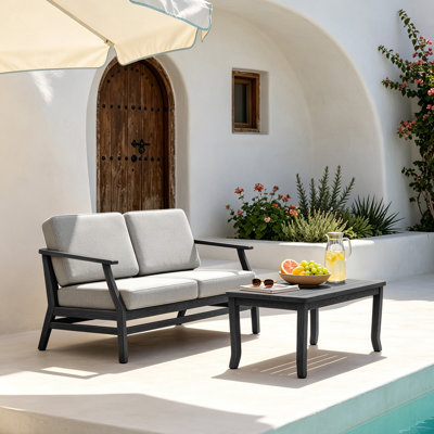 Ensemble de patio extérieur en teck pour deux personnes avec coussins et table d'appoint Polett