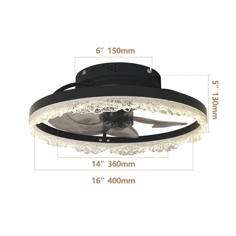 16" Decorative LED Ceiling Fan Light – Modern Flush Mount with Crystal-Inspired Acrylic Ring, Hidden Blades, Remote Control, and Dimmable Light for Stylish Homes (Black)