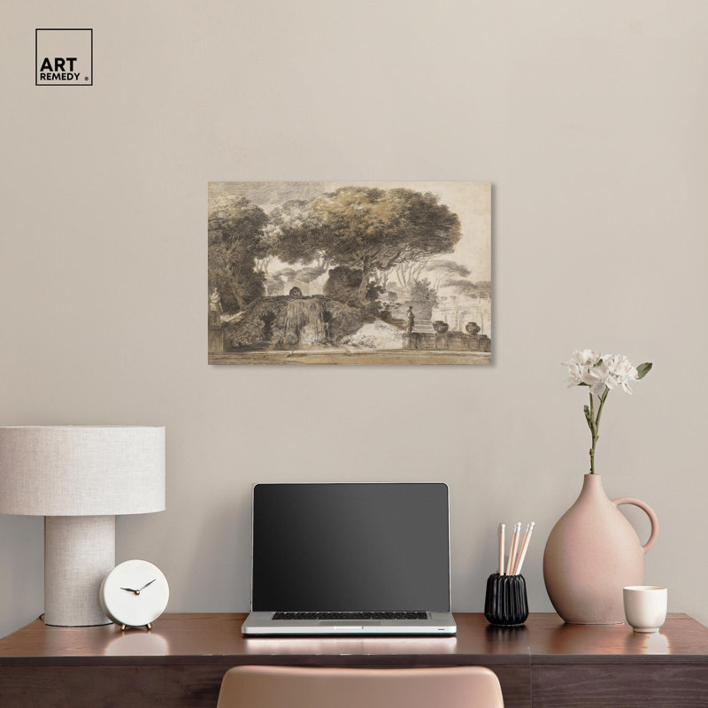 Vintage Landscape Wrapped Canvas Art in Brown and Beige