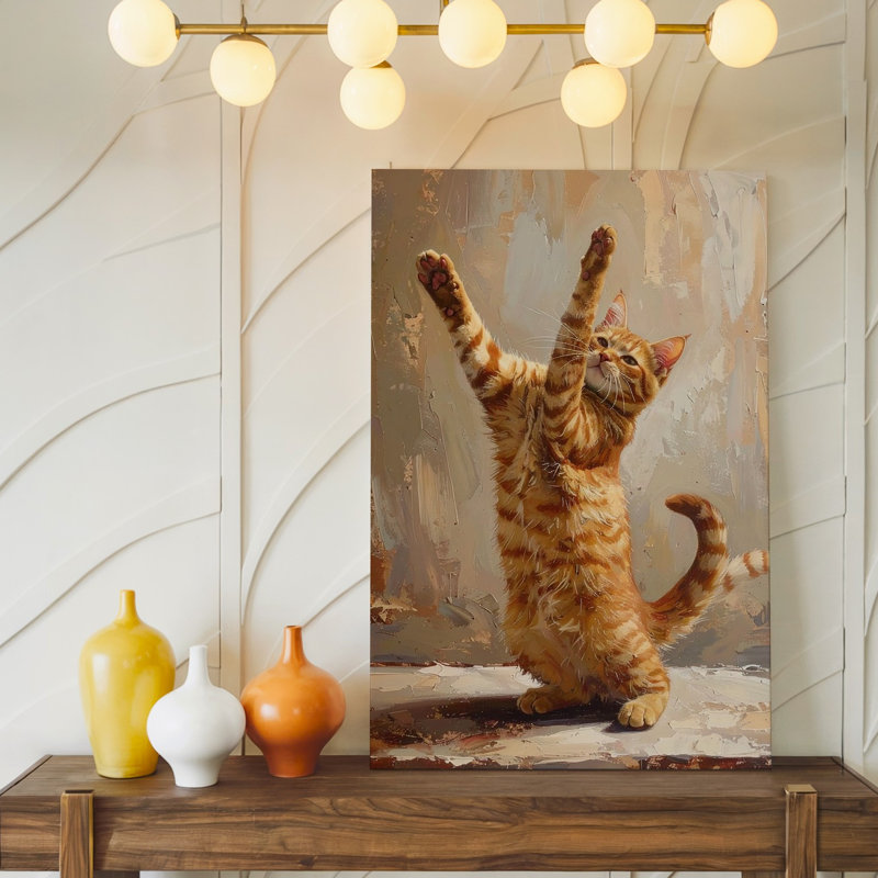 Toile tendue, chat peint en mouvement, certains moments sont prêts à être suspendus, H 9 po x l 12 po