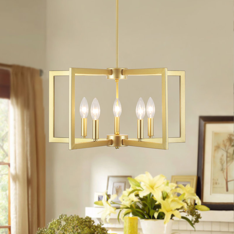 Lustre style lanterne carrée / rectangulaire à 5 lumières de style bougie or, Doré, 5 lumières