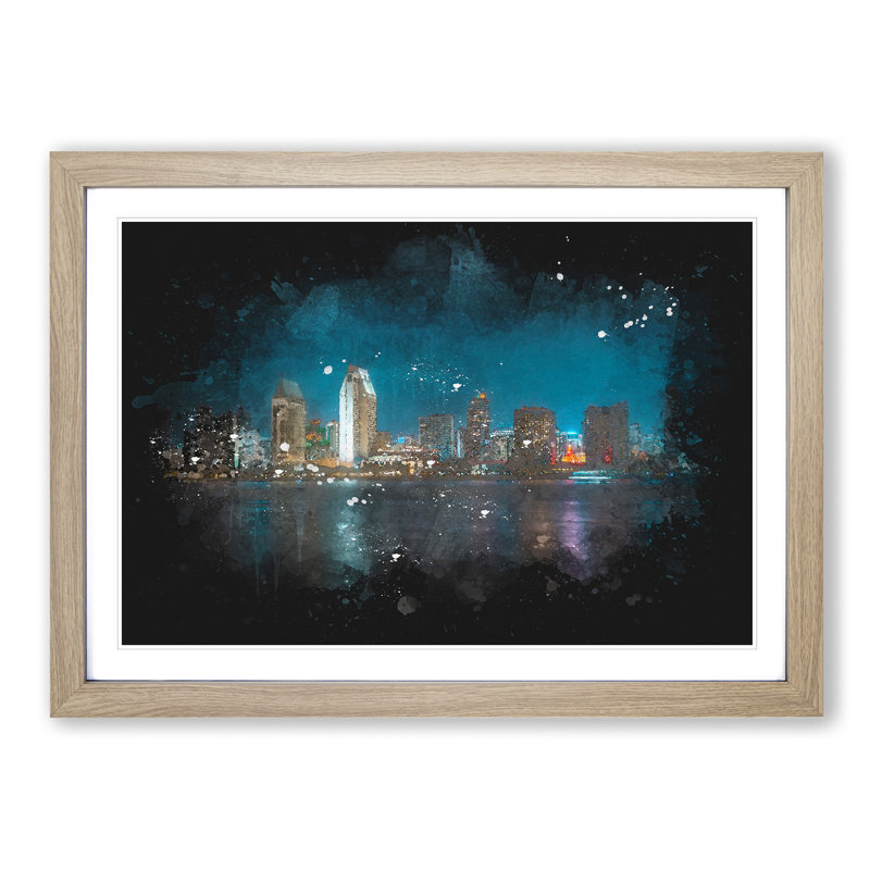 San Diego Skyline At Dusk - Picture Frame Graphic Art, Oak Framed, 24cm H x 33cm W x 2cm D