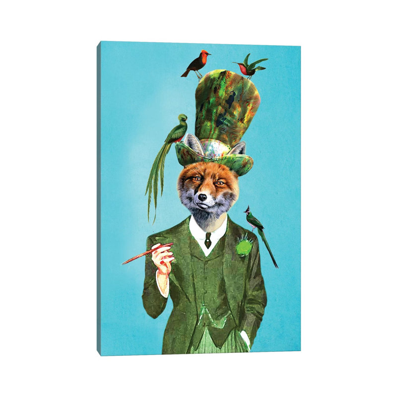 Fox With Hat And Birds by Coco De Paris - Floater Frame Print on Canvas, Wrapped Canvas, 66.04 cm H x 45.72 cm W x 1.91 cm D