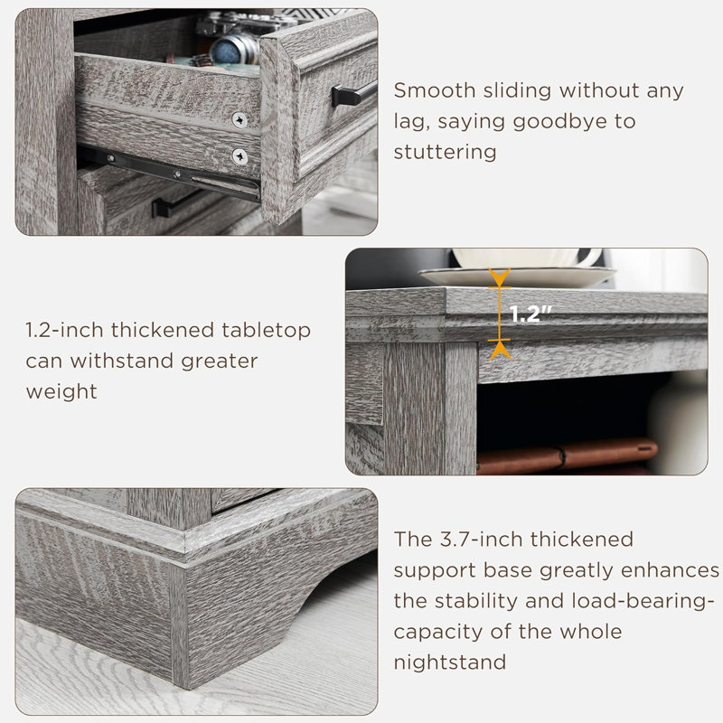 Breshauna 24" Tall Farmhouse Nightstand With Charging Station, Wood End Table With With 2 Drawers, Built-In Outlets, Grey