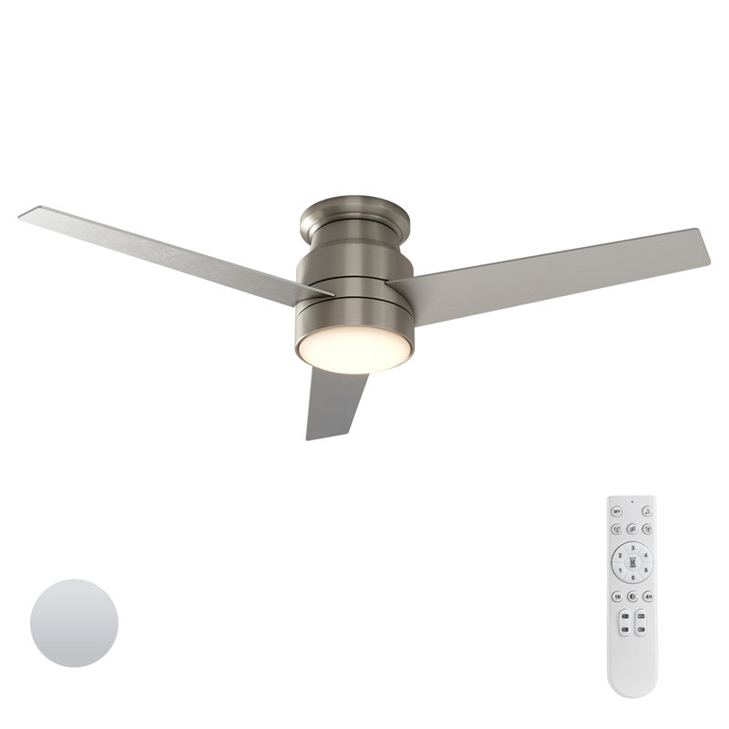 Doras 52" 3-Blade Flush Mount Ceiling Fan with LED Lights and Remote Control, Nickel