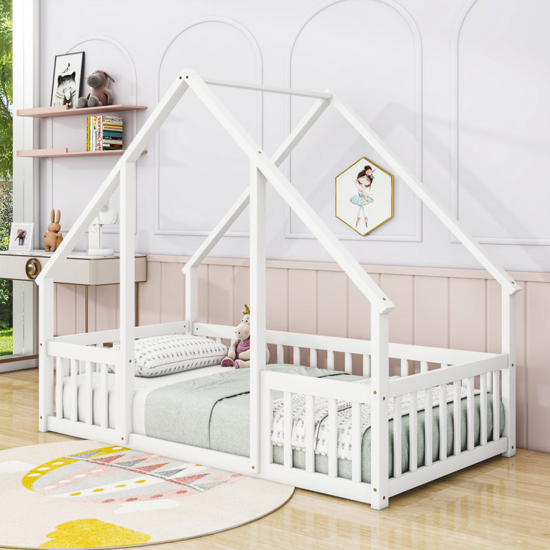 Lit de plancher en bois en forme de maison avec construction et garde-corps, Simple, Blanc