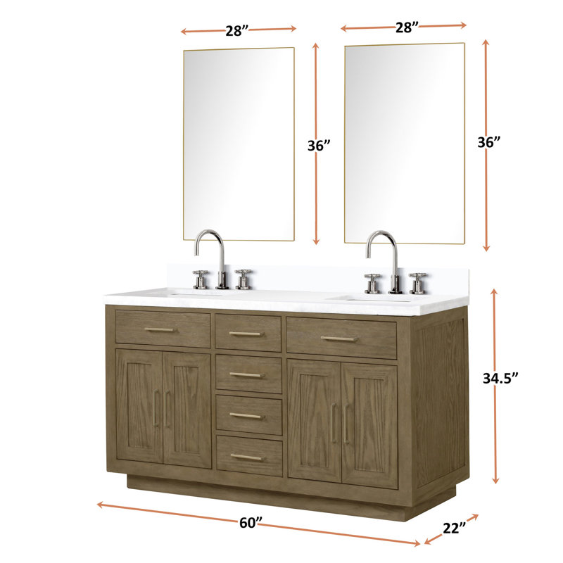 Meuble-lavabo de salle de bain, quartz blanc, robinet, ensemble de meuble-lavabo à double miroir 28 po en chêne 60 po, surface quartz, complet