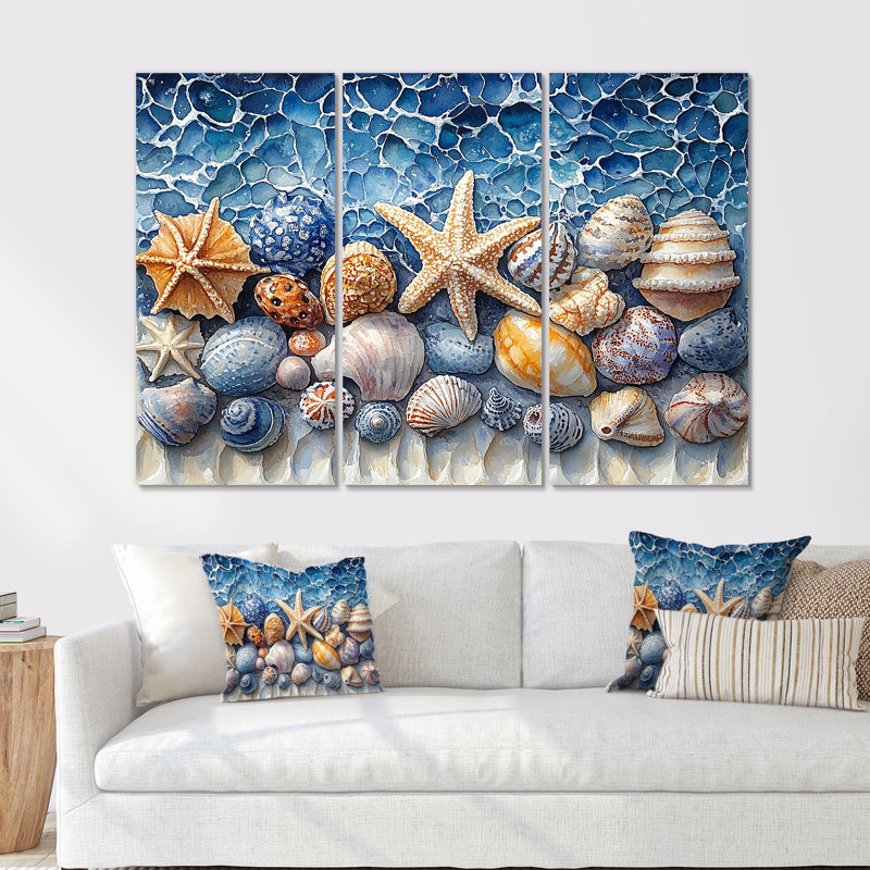 Coquillages côtiers en bleu et blanc I - ensemble d'art mural coquillages, Toile tendue, H 28 po x l 36 po x P 1 po