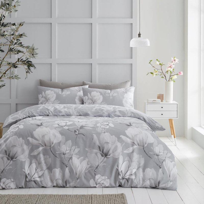 Floral Bedding Set - Polycotton Lightweight Duvet Cover with Matching Pillowcases - Single Double King, Grey, Single