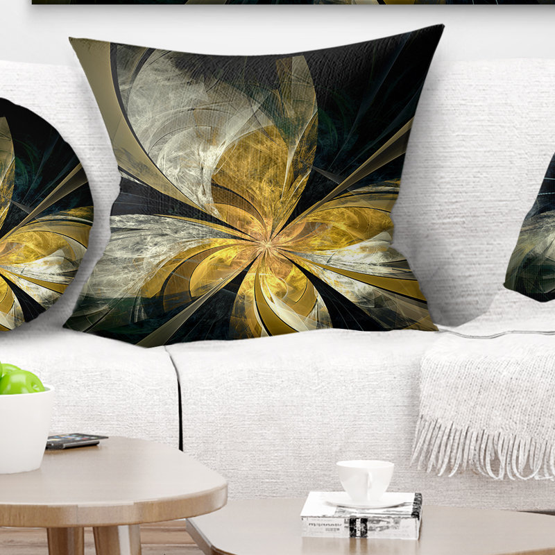 Coussin floral à fleur symétrique floral, 18 po x 18 po, Doré / Noir, Coussin décoratif