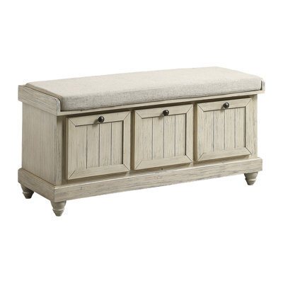 1Pc Durable Storage Bench White Finish Foam Cushioned Seat Beige Upholstery Flip-Top Seat Solid Wood Home Furniture