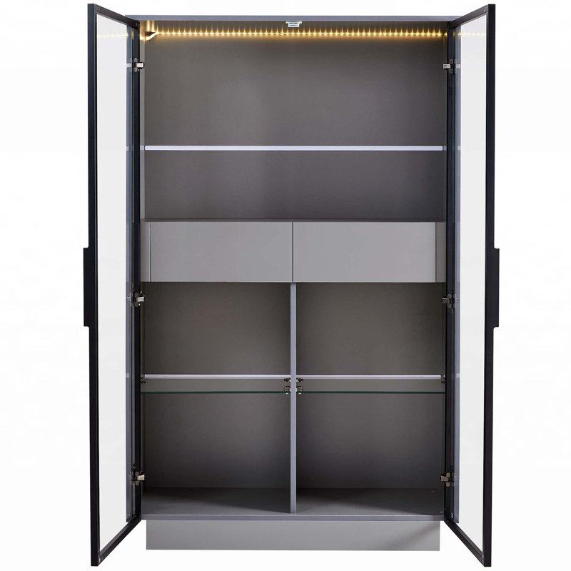 60.6'' Freestanding Display Cabinet with 2 Storage Drawers, Glass Doors, and LED Lighting for Modern Living Spaces - Grey