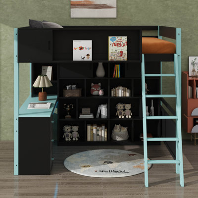 Lit mezzanine double en bois avec bureau et tiroirs intégrés, lit mezzanine de jeu avec rangement spacieux et éclairage