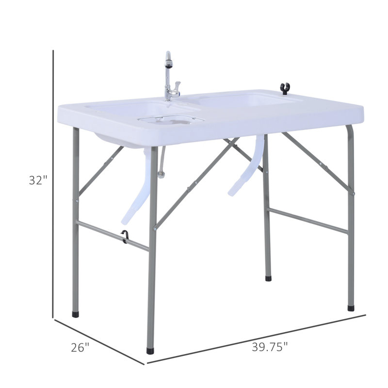 Table de camping pliante avec robinet et bain d'oiseaux double, pique-nique, pêche, 40 pouces