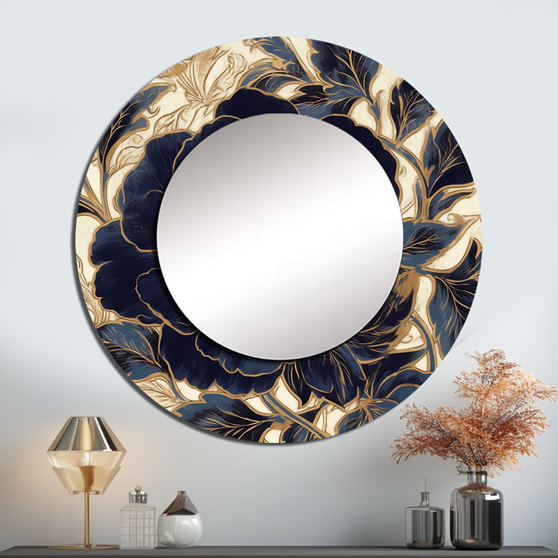 Pratap bleu or pivoines célébration IV - miroir mural décoratif pivoines, grand miroir rond bleu, impression d'art en métal