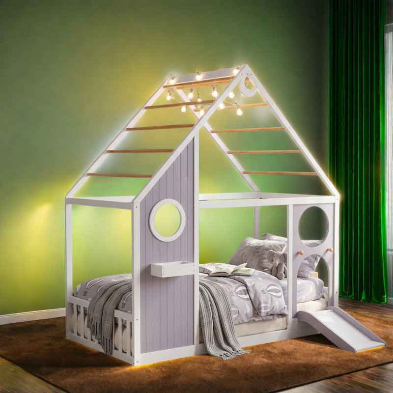 Lits jumeaux cabane, en bois MDF avec glissade et lumières sphériques, chambre d'enfant moderne, Mauve