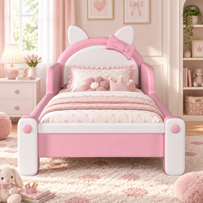 Lit plateforme rembourré en forme de chat mignon Dandre pour enfants, avec barrières de sécurité latérales, lit princesse bas avec tête de lit à nœud.
