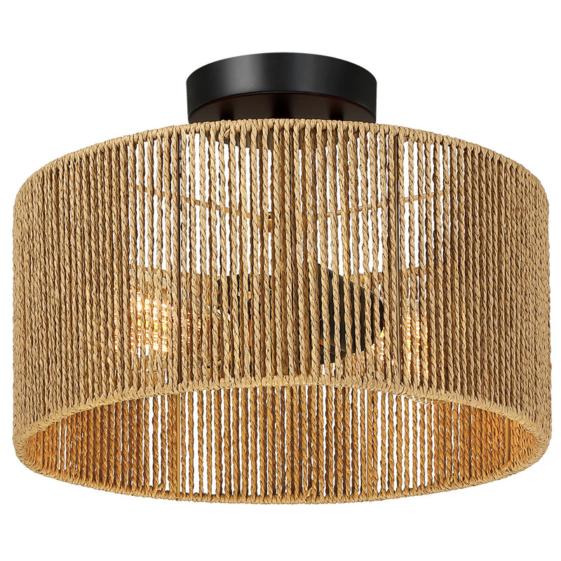Plafonnier semi-encastré cylindrique en corde tissée 14 po 2 lumières, Naturel