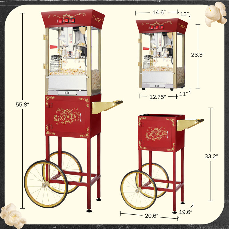 Machine à maïs soufflé et chariot Matinee - 3 gallons de maïs soufflé, bouilloire 8 oz, réchaud et 5 paquets de grains tout-en-un par Great Northern Popcorn (rouge)